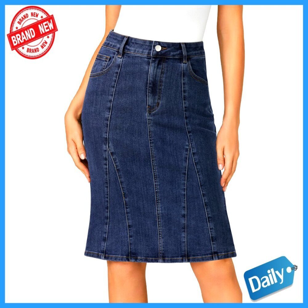 High Waisted Knee Length Pencil Mermaid Stretch Denim Skirt Slim Fit